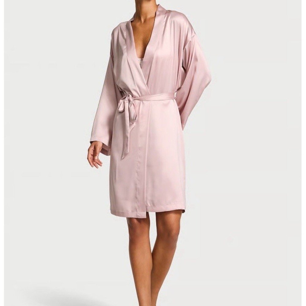 Victorias‎ Secret Womens Silky Satin Robe Kimono One Size Pink Belted Bridesmaid
